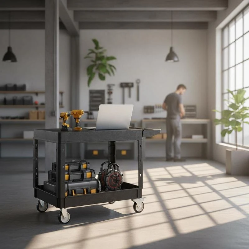 

Heavy Duty Service Trolley 37 x 25.4-inch For Warehouse Garage Workshop 550 lbs Load Capacity Two-Shelf Plastic Construction 360° Swivel Wheels Integrated Brakes Ergonomic Handle Storage Trays Tool Organizer Design