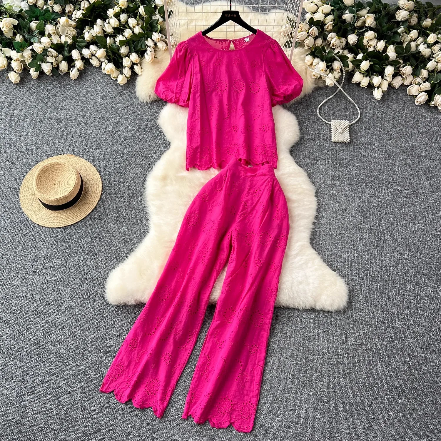 

Puffy Sleeve Shirt High-Waisted Pants Suit Hollow Embroidery Puffy Sleeves Round Neck High Waist Trousers Fashion Suit