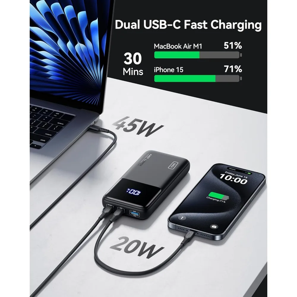 

Портативное зарядное устройство 20000 мАч 65 Вт с USB-C, быстрая зарядка PD QC для ноутбуков, планшетов, Steam Deck, iPhone (отправка из США)