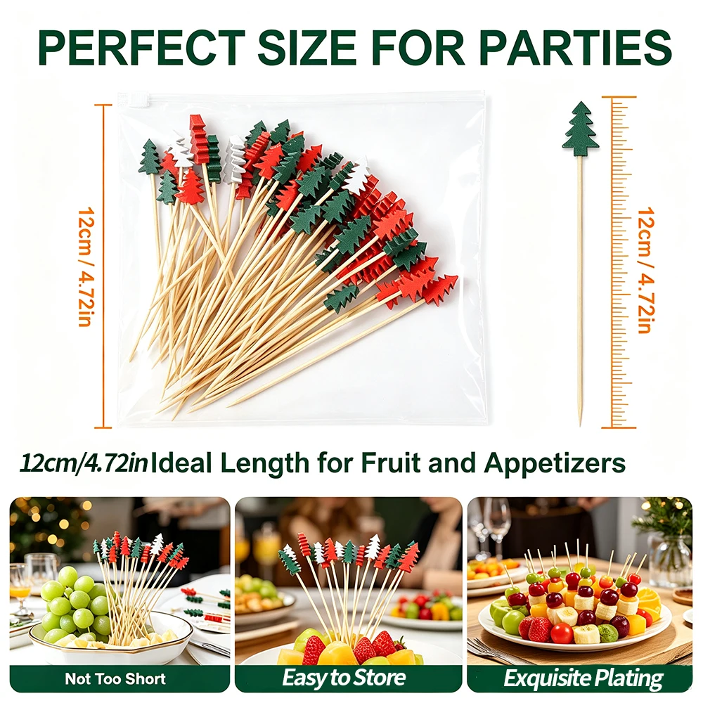 100PCS Disposable Christmas Tree Cocktail Picks, Colorful Decorative Bamboo Sticks, Holiday Food Garnish for Xmas Gathering, Fruit, Desserts, Drink Decoration - view 6