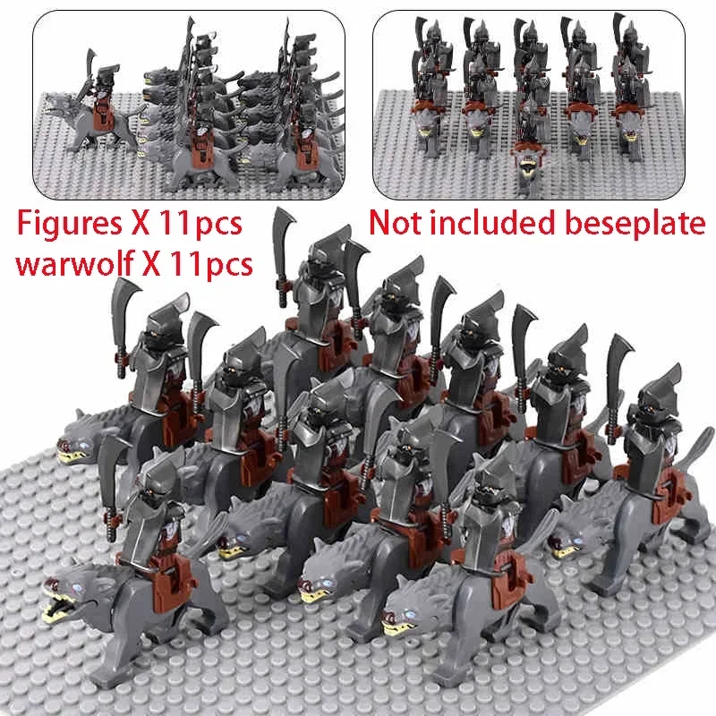 MOC Uruk-hai Orc Army Group Orcus Figures with Grey Wolf Mount Model Building Blocks LOTR Bricks Medieval Toys for Children gift