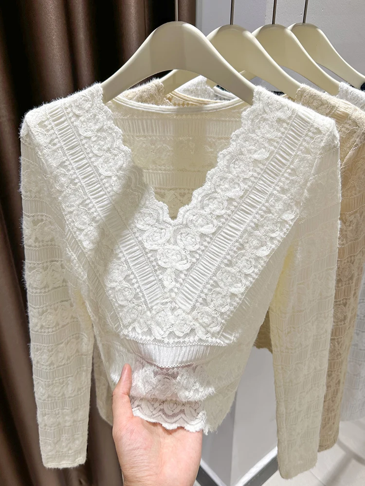 

Нежный абрикосовый топ с V-образным вырезом и кружевной отделкой, женская новинка, осенне-зимняя коллекция, с волнообразным узором, длинный рукав, для ношения под одеждой