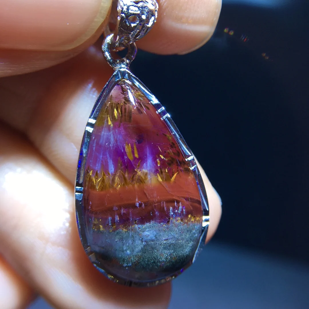 

Natural Purple Cacoxenite Red Auralite 23 Rectangle Pendant 21.3/12.5mm Gold Rutilated Beads Jewelry AAAAA