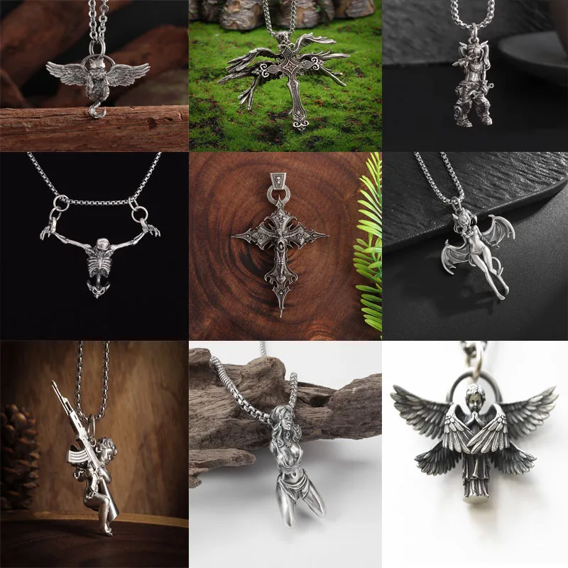 Retro Mythical Michael Holy Sword Archangel Wings Pendant Necklace Men\'s Fashion Punk Trend Amulet Jewelry Gift