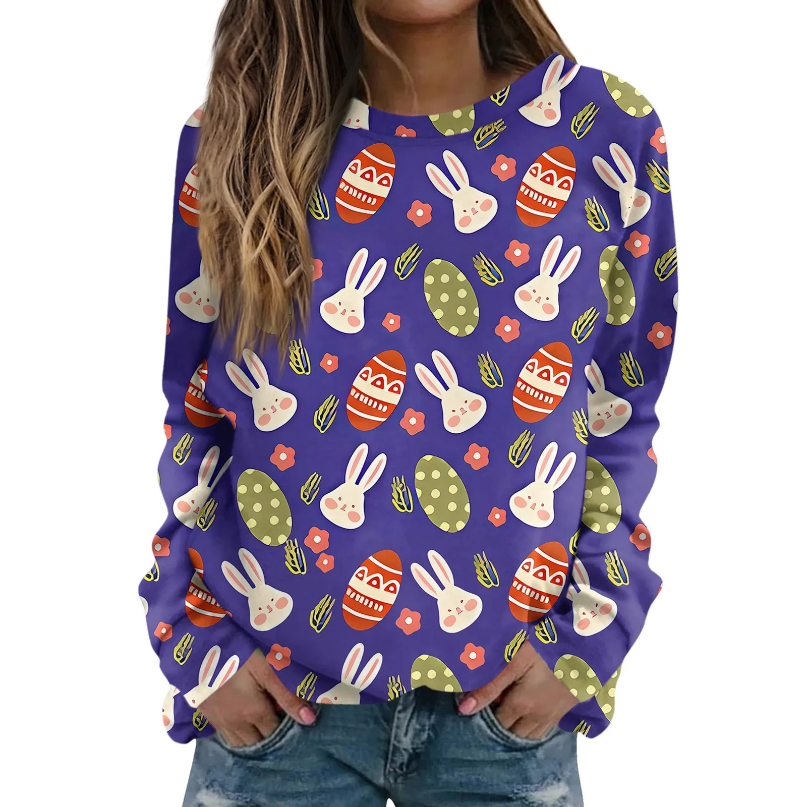 Easter T Shirt Kawaii Print long sleeve Tops Fashion Casual Women Tee Easter Eggs Tees Oversized T-Shirt Ropa Mujer