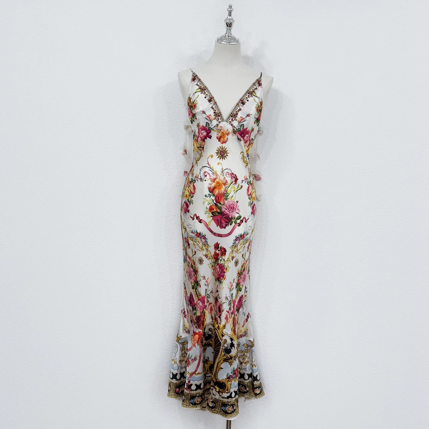 Spring Fashion Party Elegant Vintage Print Silk Fishtail Long Dress Women's V-Neck Sleeveless High Waist Buttock Covering Dress