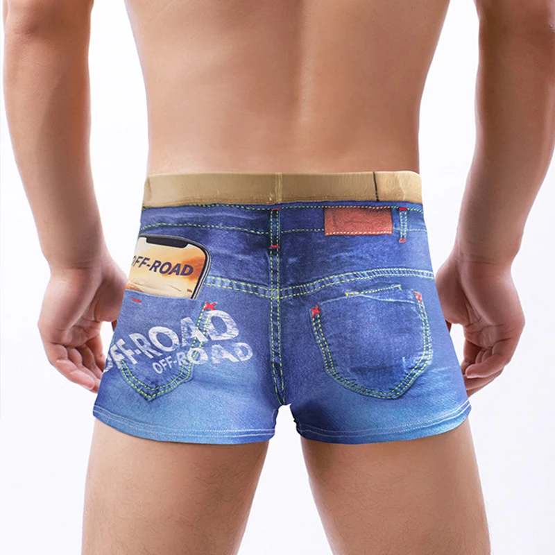 Men Denim Underwear 3D Digital Printing Sexy Jeans Style Boxer Shorts Ice Silk Breathable Male U Convex Bulge Pouch Underpants