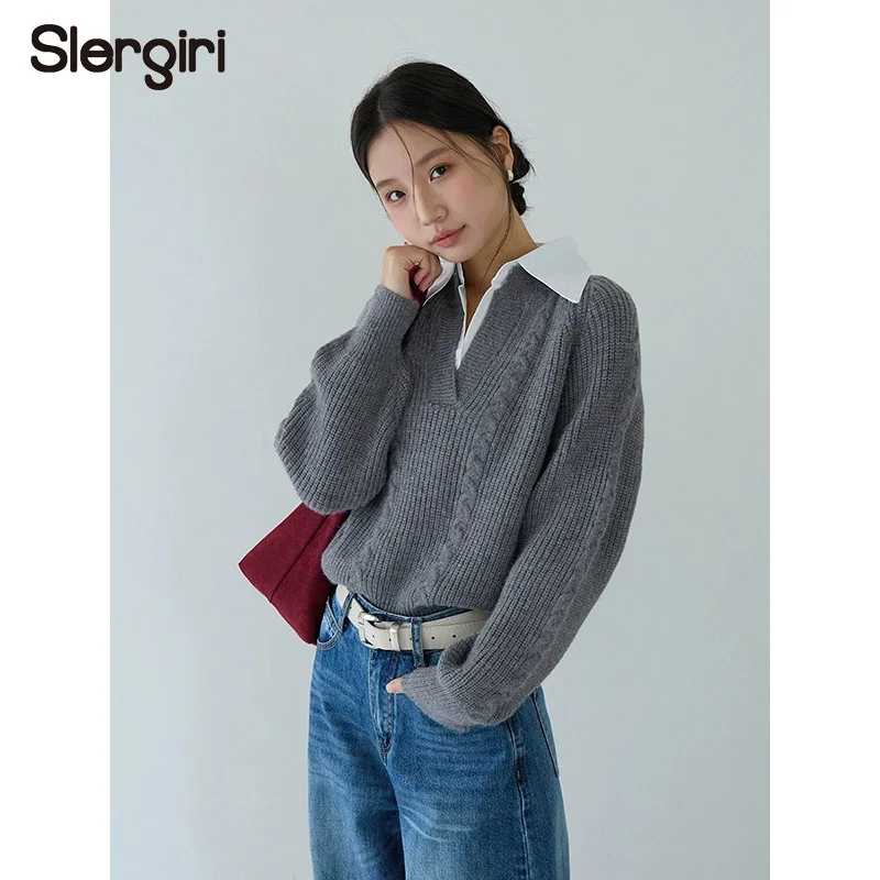 

Slergiri 2 In 1 White Shirt Collar Knit Sweater Women Fashion New 2026 Autumn Winter Long-sleeved OL Casual Pullovers Top