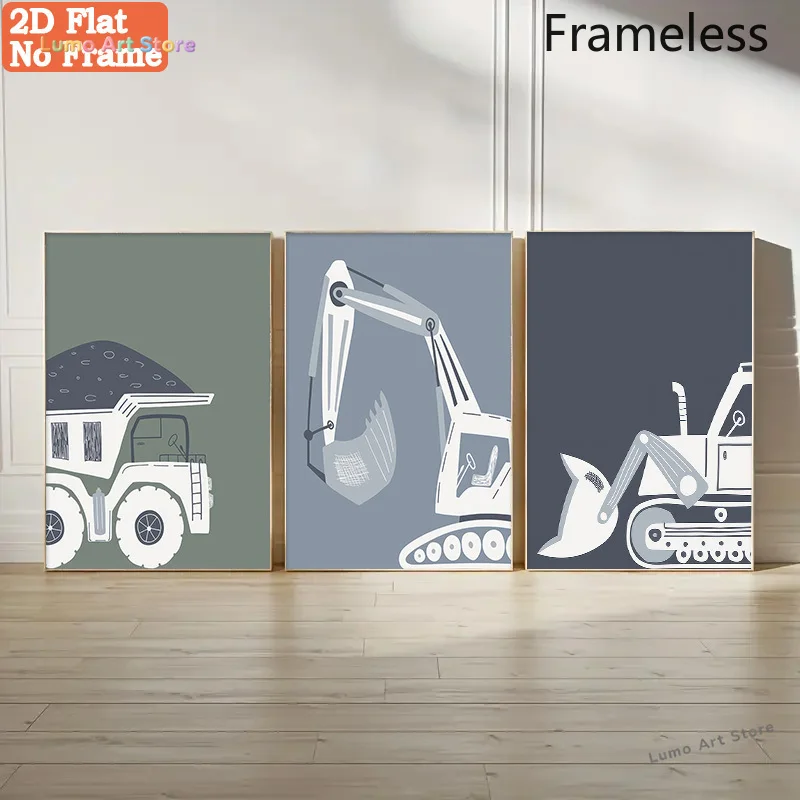 2D Flat, 2D Flat Set of 3 Frameless Canvas Artworks Featuring Construction Vehicles in a Playful Industrial Style, Perfect fo