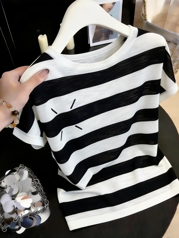 

Повседневная женская футболка больших размеров с коротким рукавом, свободного кроя, с эффектом похудения, в полоску, с защитой от катышков, для весеннего повседневного образа