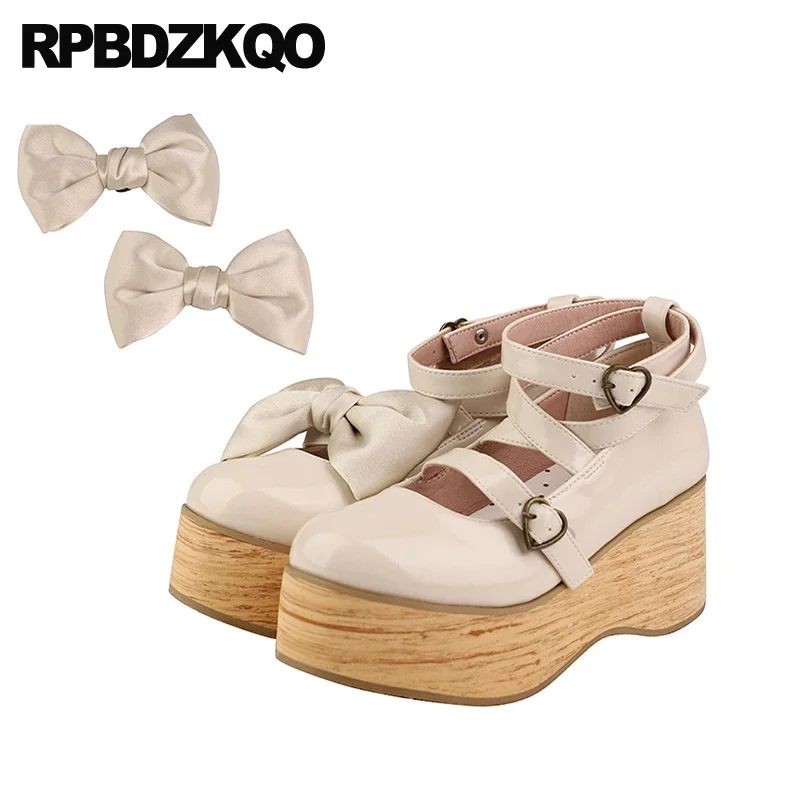 Lolita Wooden Strappy Platform Wedge High Heels Shoes Ankle Strap Big Size Women Heart Buckle Mary Janes Cross Girls Bow Pumps