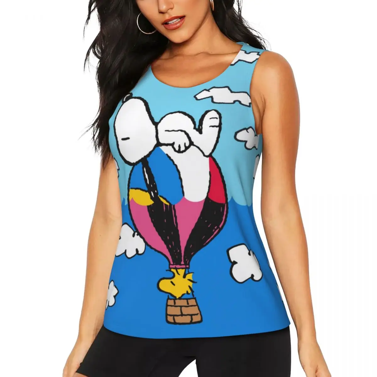 Custom Women Snoopy Woodstock Hot Air Balloon Workout Yoga Shirt Sleeveless Cartoon Comic Dog Athletic Running Tank Tops