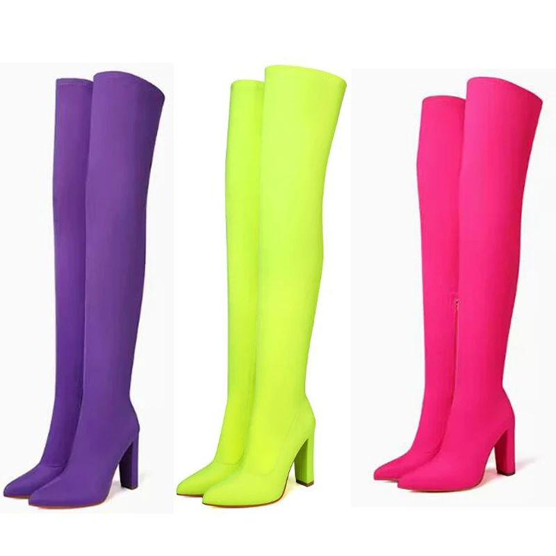 Sexy Solid color Neon yellow green Purple Lycra Thigh Boots 10 cm Block heels Pointed Toe Over the knee Stretch Sock Boots Woman