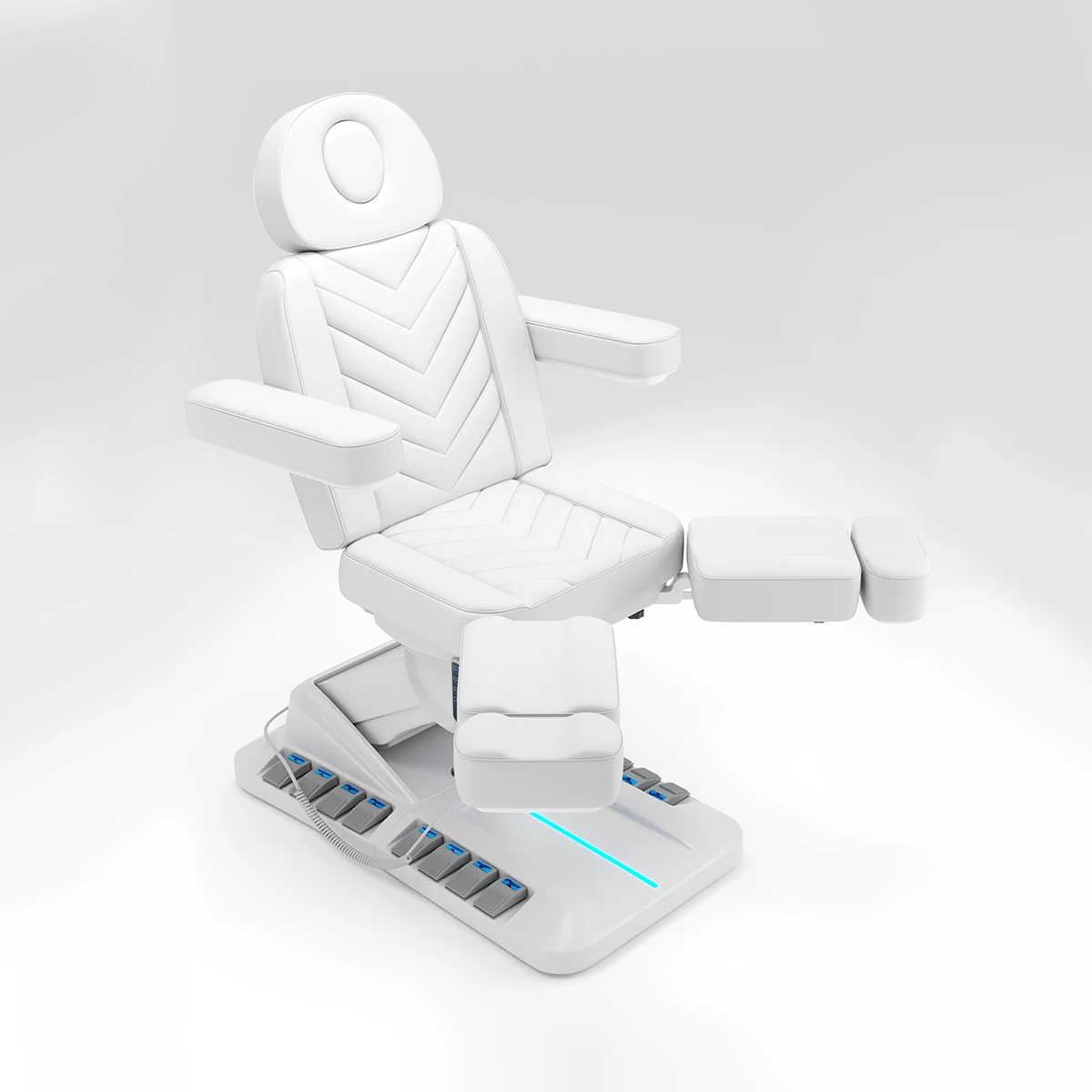Electric Podiatry Chair White PU V-Shaped Stitching Split Leg Design 3 Motors Remote & Foot Control LED Light Reclining Pedicure