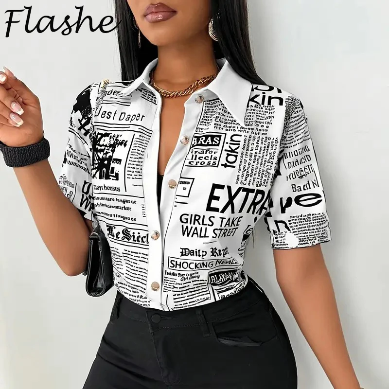 

Summer Fashion Button Slim Fit Shirt Women Elegant Short Sleeve Single Breasted Letter Printed Blouses For Women Tops
