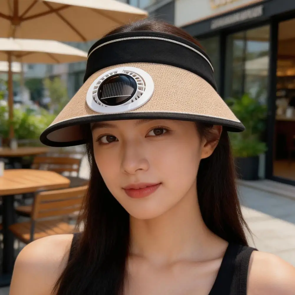 

Sun Hat Empty Top Design Extended Brim Full Face Coverage Women Hat with Solar Powered Built-in Fan Adjustable Head Summer Hat