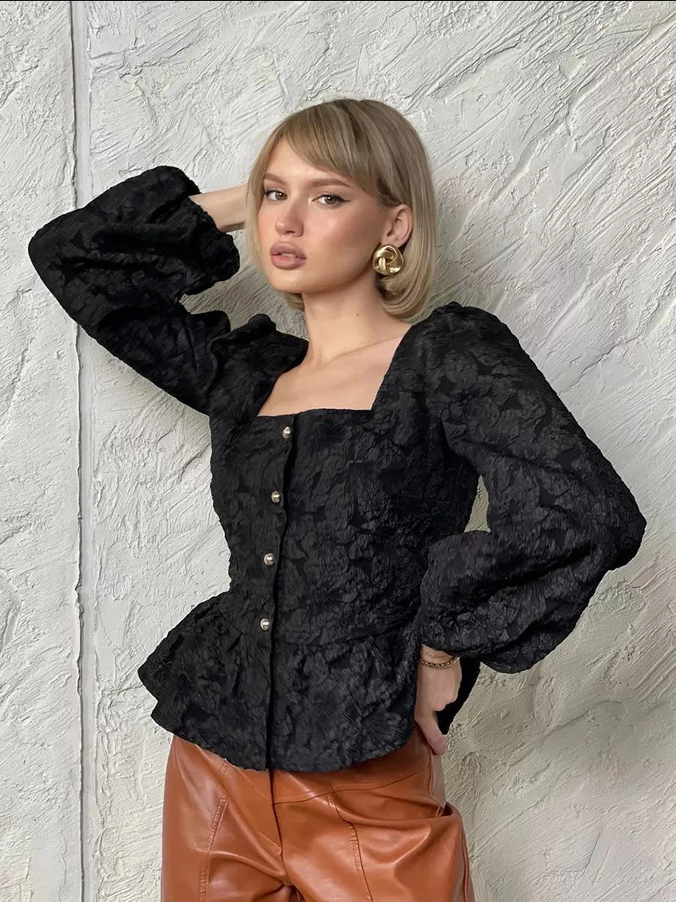 

Винтажная жаккардовая блузка с квадратным воротником и пышными рукавами, плиссированная подол, тонкая блузка на пуговицах спереди, разноцветная женская блузка Camisas De Mujer