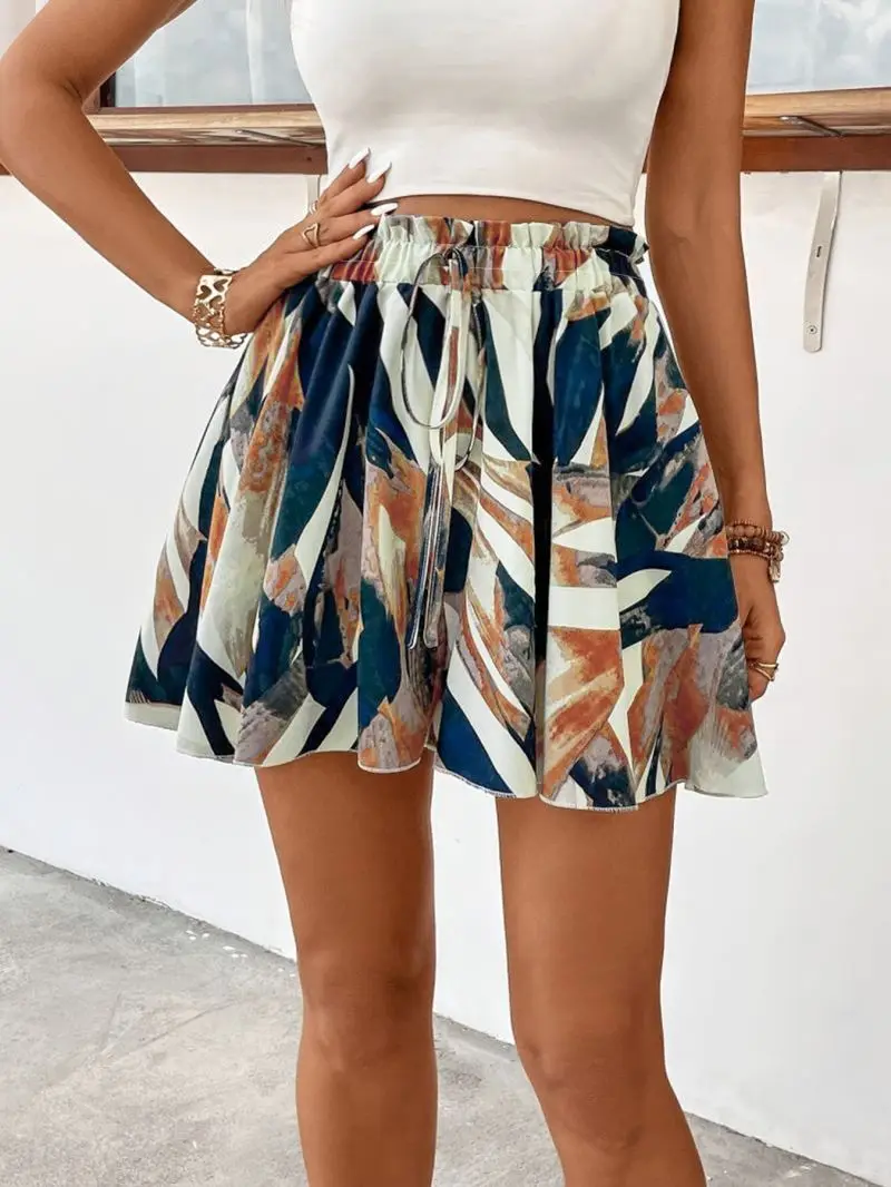 Color Blocking Ink Leaf Short Skirt with Elastic Waist Pleated Slimming Casual Comfortable Fit Design