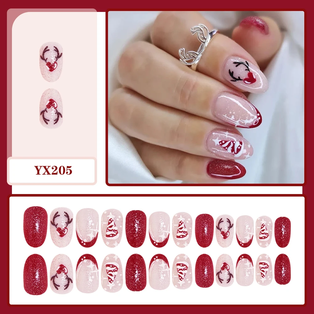 Short Round Press on Nails Red Glitter Nude Base Reindeer Antler Christmas Tree Reusable Fake Nails for Girls