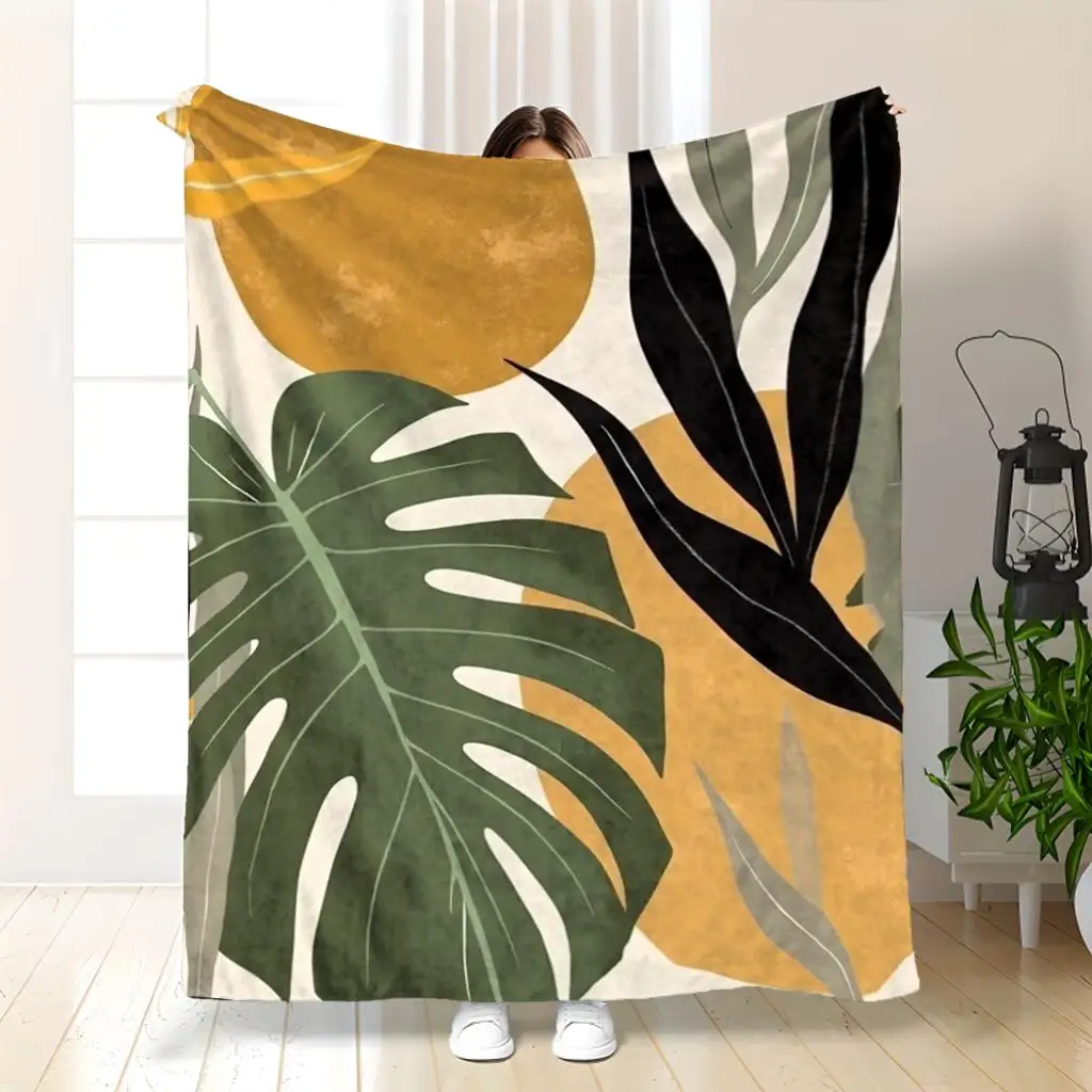 Abstract tropical leaf pattern blanket, polyester fabric, machine washable, suitable for use in bedrooms, living rooms and sofas