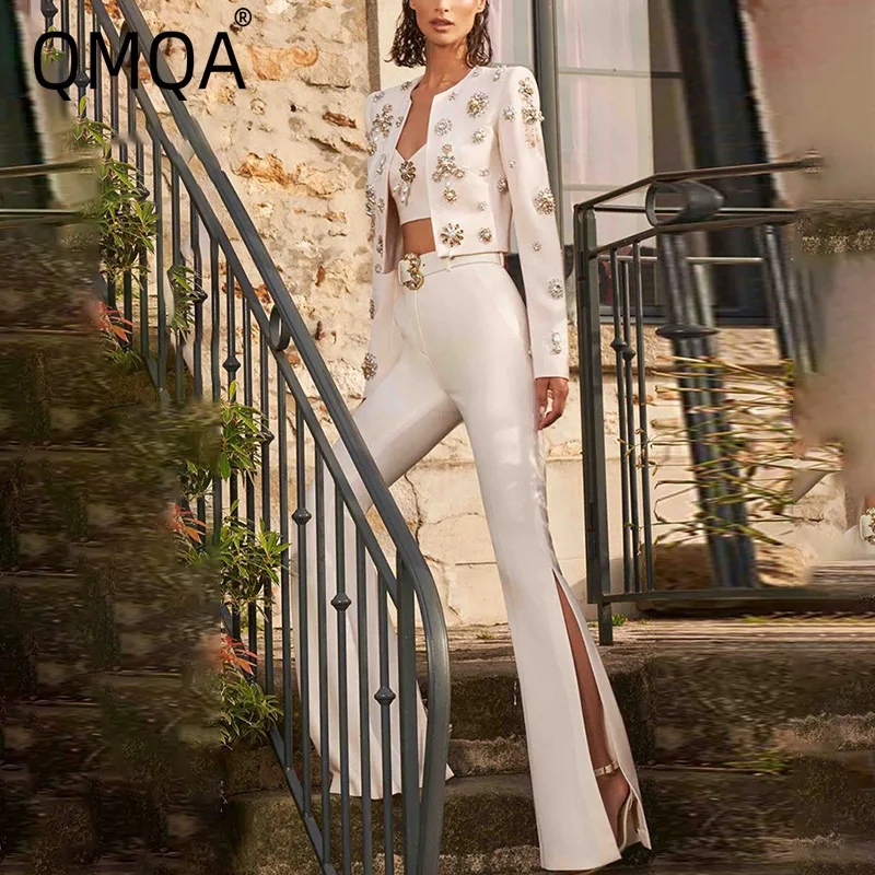 QMQA Fashion Women's Spliced Diamonds Two Piece Sets Round Neck Long Sleeve Coats High Waist Flare Pants Elegant Set 1A702