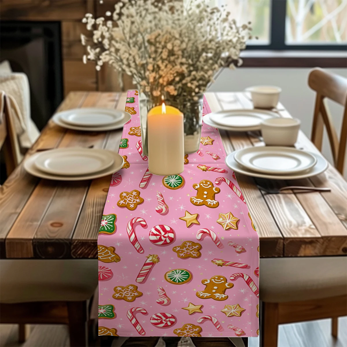 

Christmas Gingerbread Canes Table Runner Wedding Decoration Cloth Dining Decor Coffee Table Runners Washable Dining Long Cloth