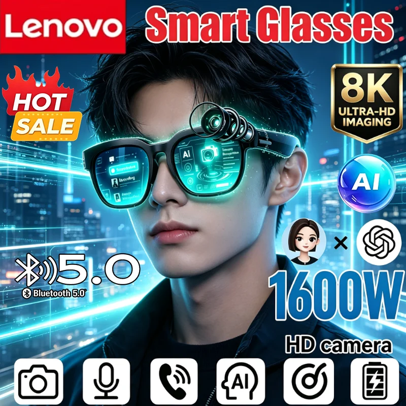 Lenovo 2026 New AI Smart Eyewear Bluetooth Call Logging AI Translation Music Play 8K HD Capture Glasses for Men Women Daily Wear