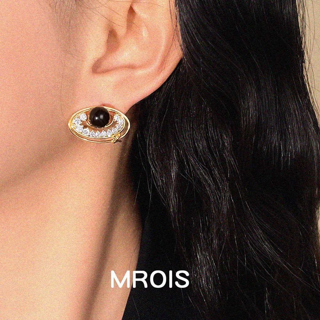 Designer galaxy! Micro-inlaid zircon natural stone tiger's eye Saturn fashion high-end earrings light luxury earrings