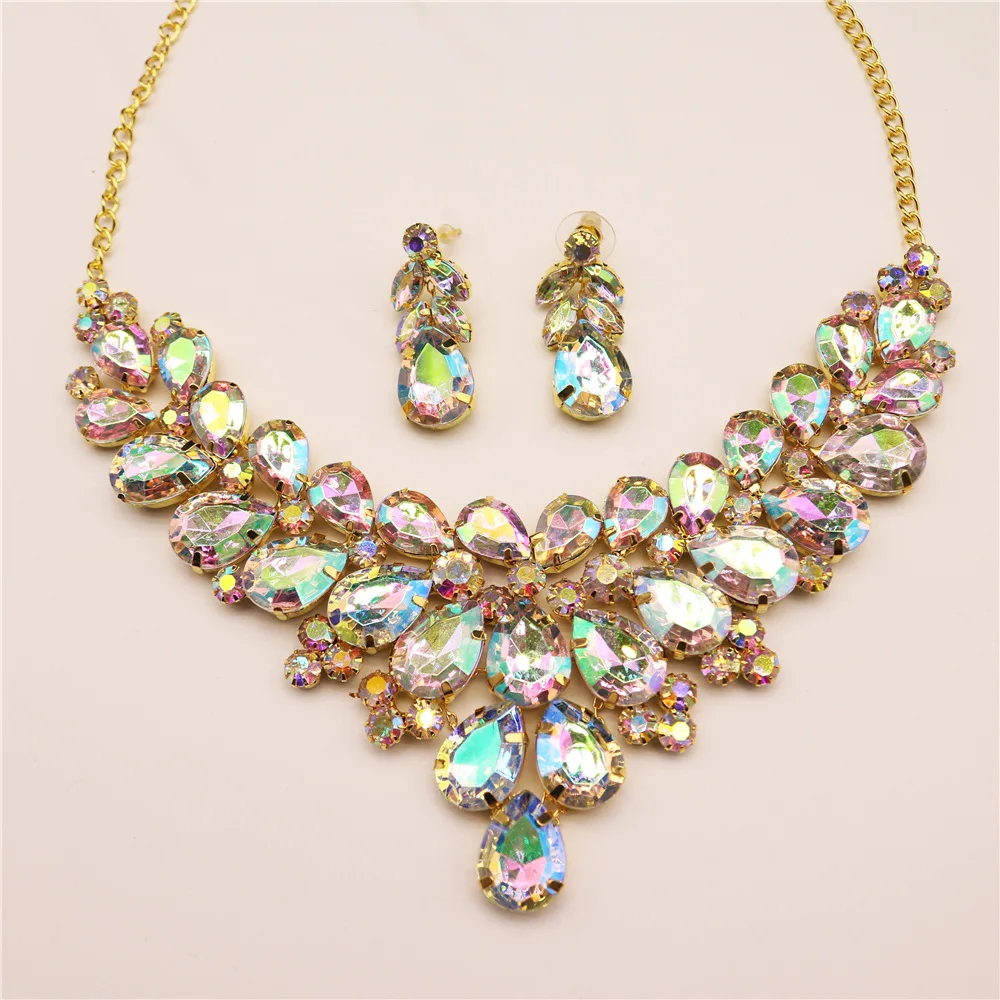 Bridal jewelry European and American rhinestones teardroplet necklace earring set wedding jewelry accessories