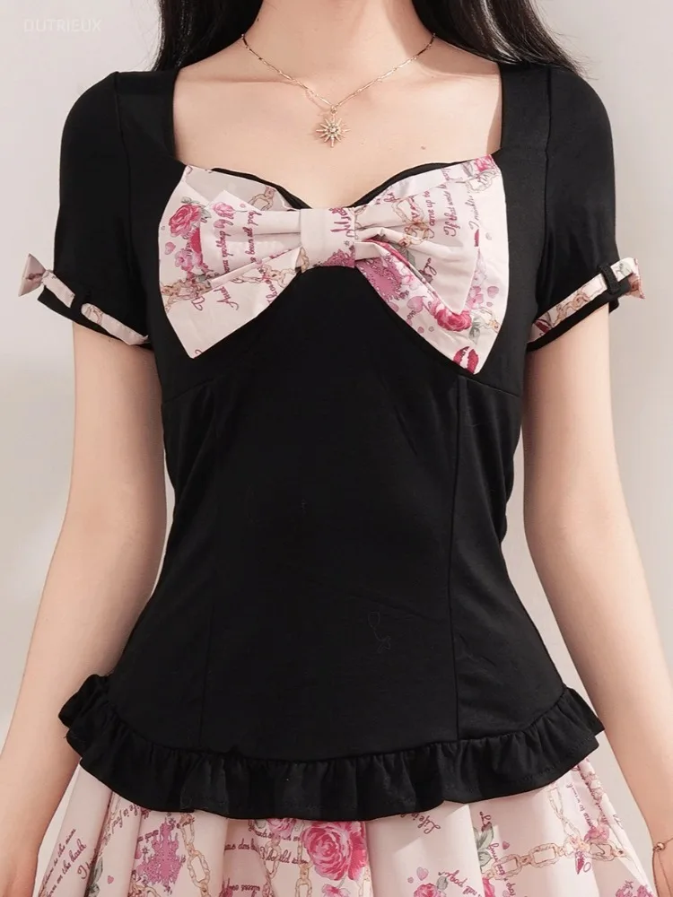 Japanese Vintage Contrast Color Bow V Neck Short Sleeve Folds Slim Women's T-shirts