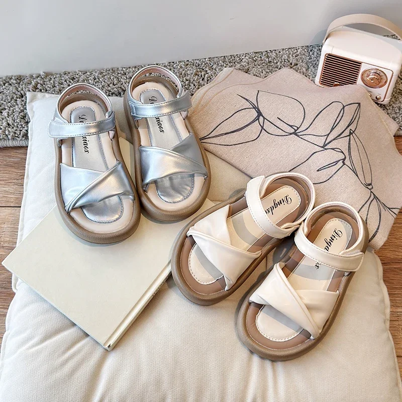 

Children Summer Sandals Sliver Beige Pu Leather Platform Kids Sliders Concise Style Hook-loop Fashion Anti-slip Girl's Shoes