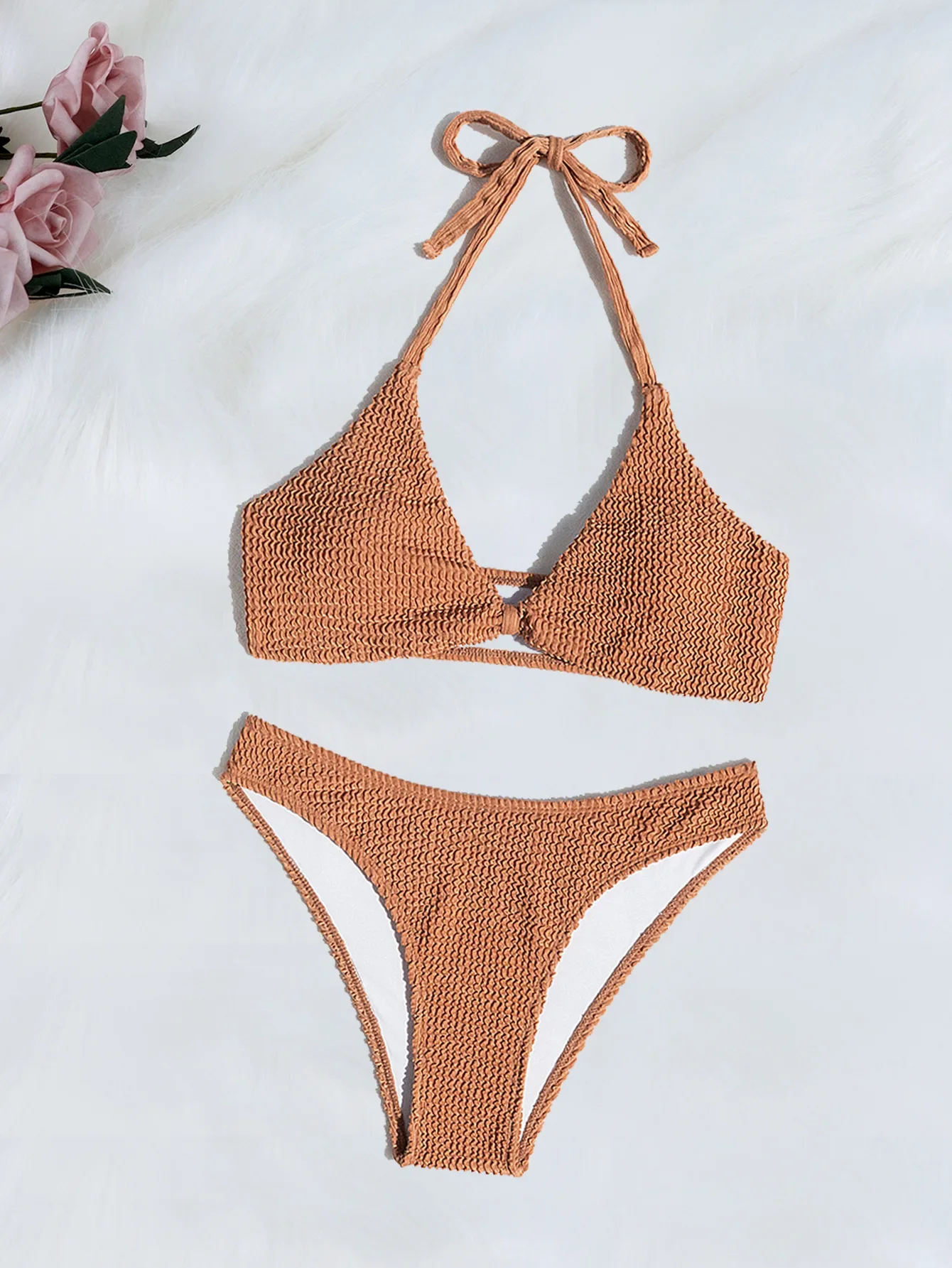 Women's Solid Color Brown 2 Piece Swimsuit 2025 New Bikini Set Sexy V-neck Halter Backless Bathing Suit Beach Vacation Swimwear