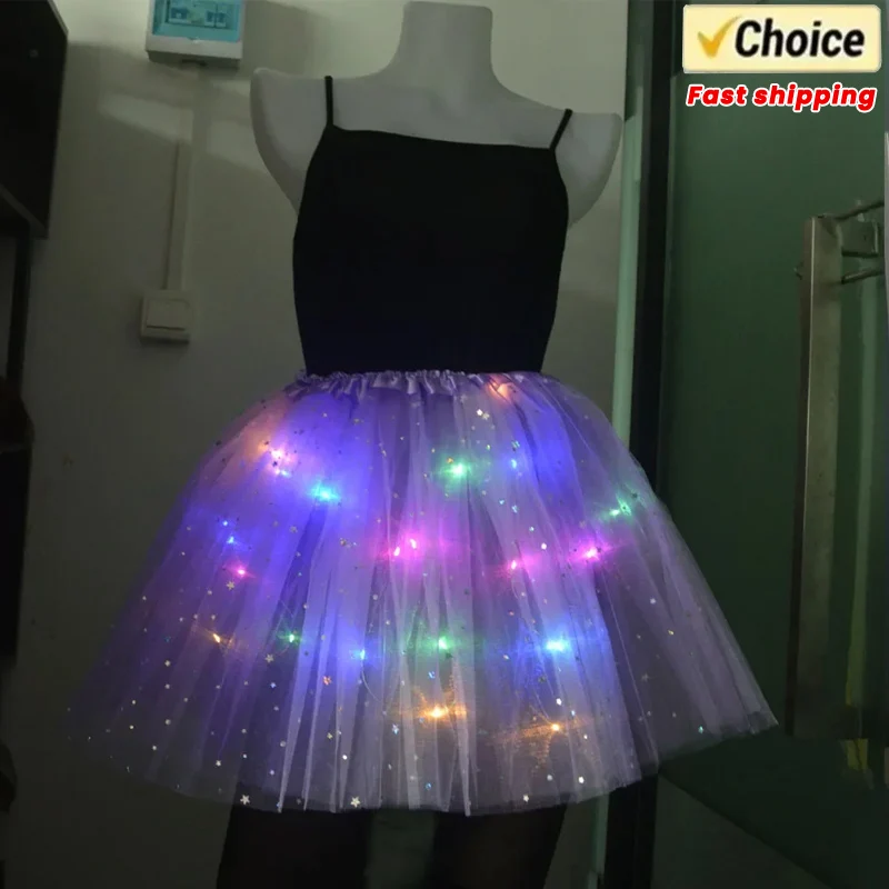 Women\'s Girl Glow Star Tutu Light Up Skirt Birthday Wedding LED Clothes Ballet Dance Halloween Christmas Fancy Party Costume