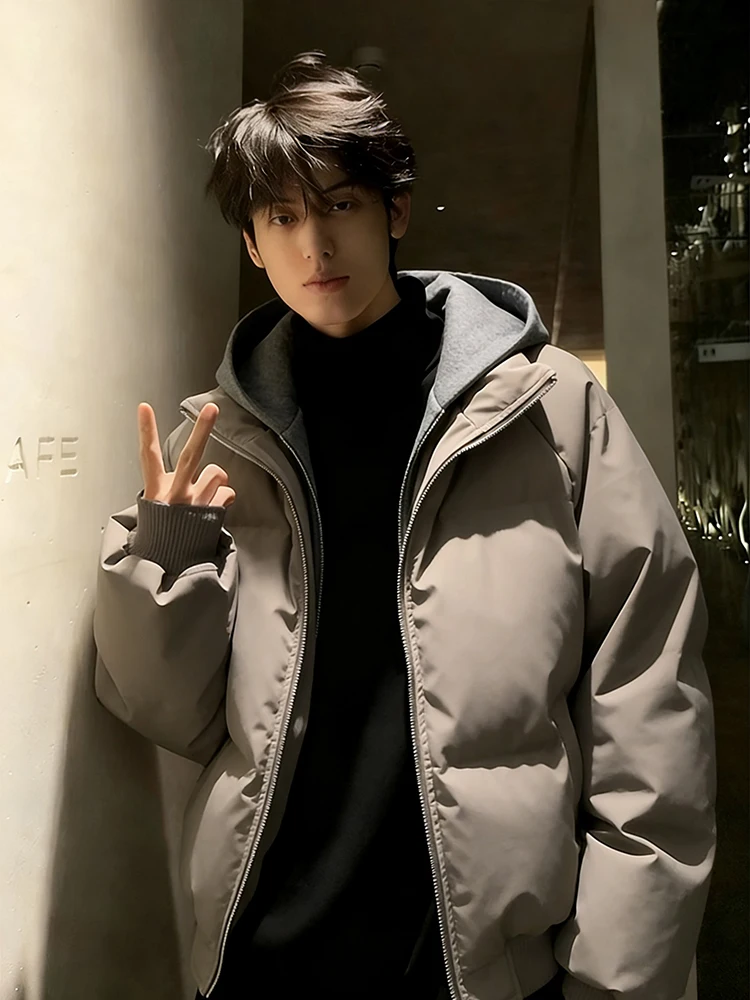

Men's ort PU Leather down Jaet Winter Warm Bread Sle Coat Double Zipper Tee-Resistant American Sle Hooded Coat