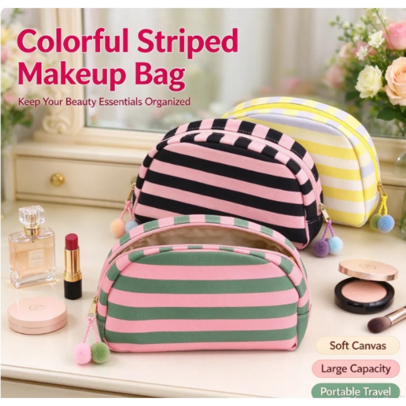 Striped Shell Cosmetic Bag, High Value Dopamine Color Travel Storage Bag, Portable Outdoor Makeup Organizer Pouch for Women Toil