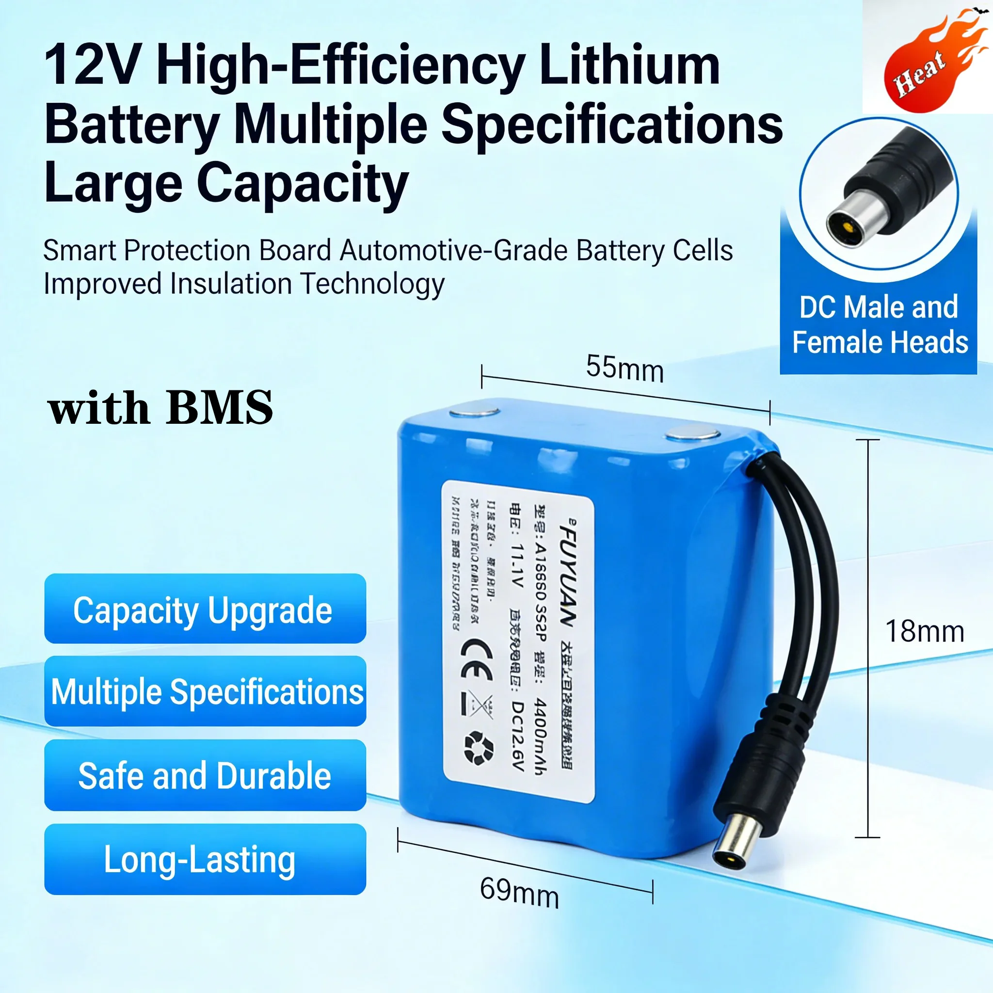 

Аккумуляторный литиевый блок 12В 10Ач-100Ач 18650 3S8P со встроенной BMS 12.6В для солнечных батарей, светодиодных фонарей, радиоуправляемых моделей, источников питания