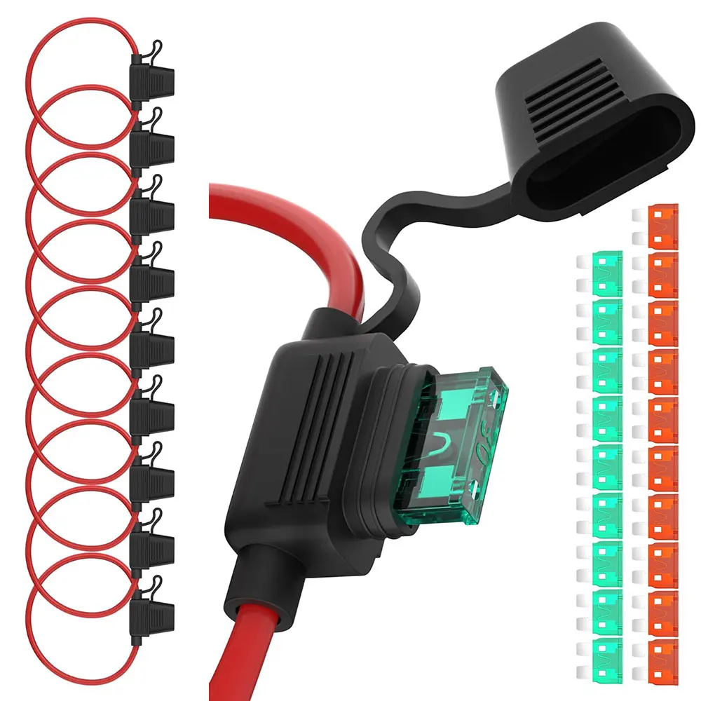 12 Gauge Inline fuse holder, ATO/ATC direct insertion 12V waterproof fuse holder, with 30 and 40 ampere medium-sized blade fuses