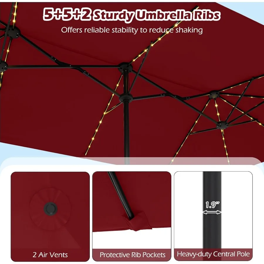 15.5 FT Doublesided Patio Umbrella with Solar Lights for Outdoor Garden Deck Poolside Use Oversized Rectangle Design with Crank