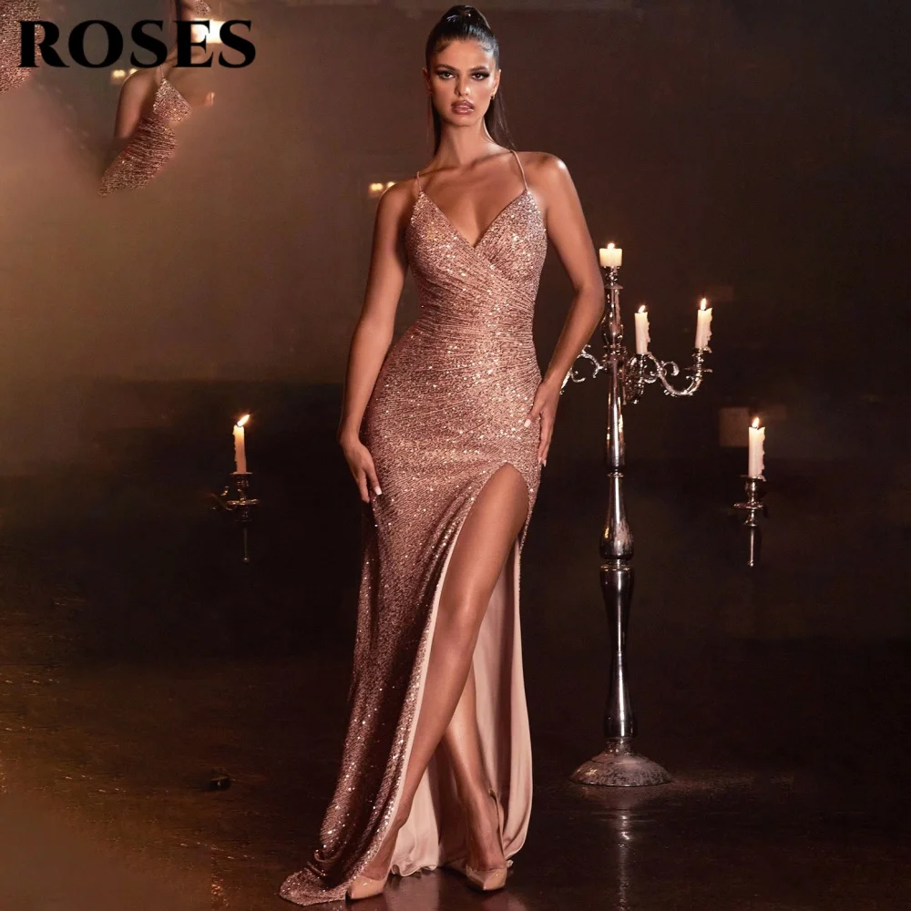 

ROSES Gorgeous Modern Style Prom Dress Sweetheart Spaghetti Straps Prom Gown Shiny Sequins High Split Formal Dresses Customized