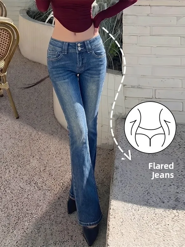 Low Waist Double Buckle High Elastic Slim Fit Flared Jeans Women's Korean Style Casual Long Pants Standard Size Blue Cotton P...