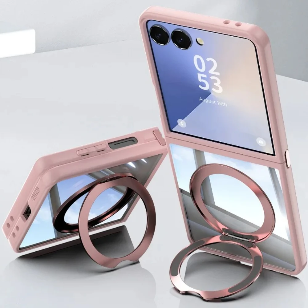 360 °   Anel magnético titular caso de telefone para samsung galaxy z flip 7 6 5 flip7 flip6 flip5 5g kickstand tpu + pc claro capa traseira