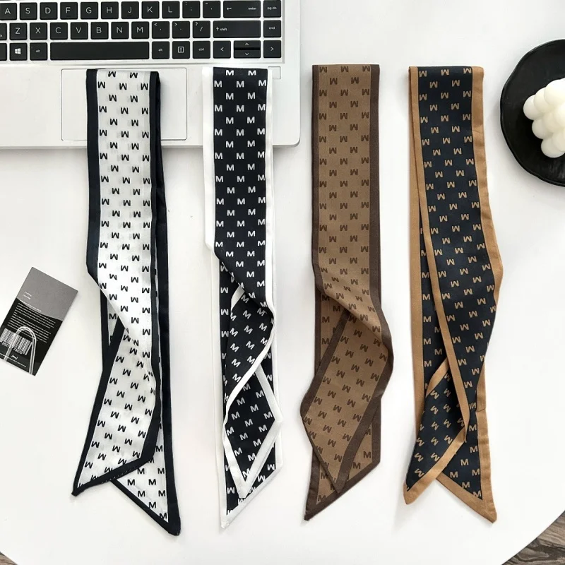 

Luxury Letter M Print Skinny Scarf for Women Satin Monogram Neckerchief Multi-use Hair Scarf Bag Wrap Soft Neck Scarf for Daily