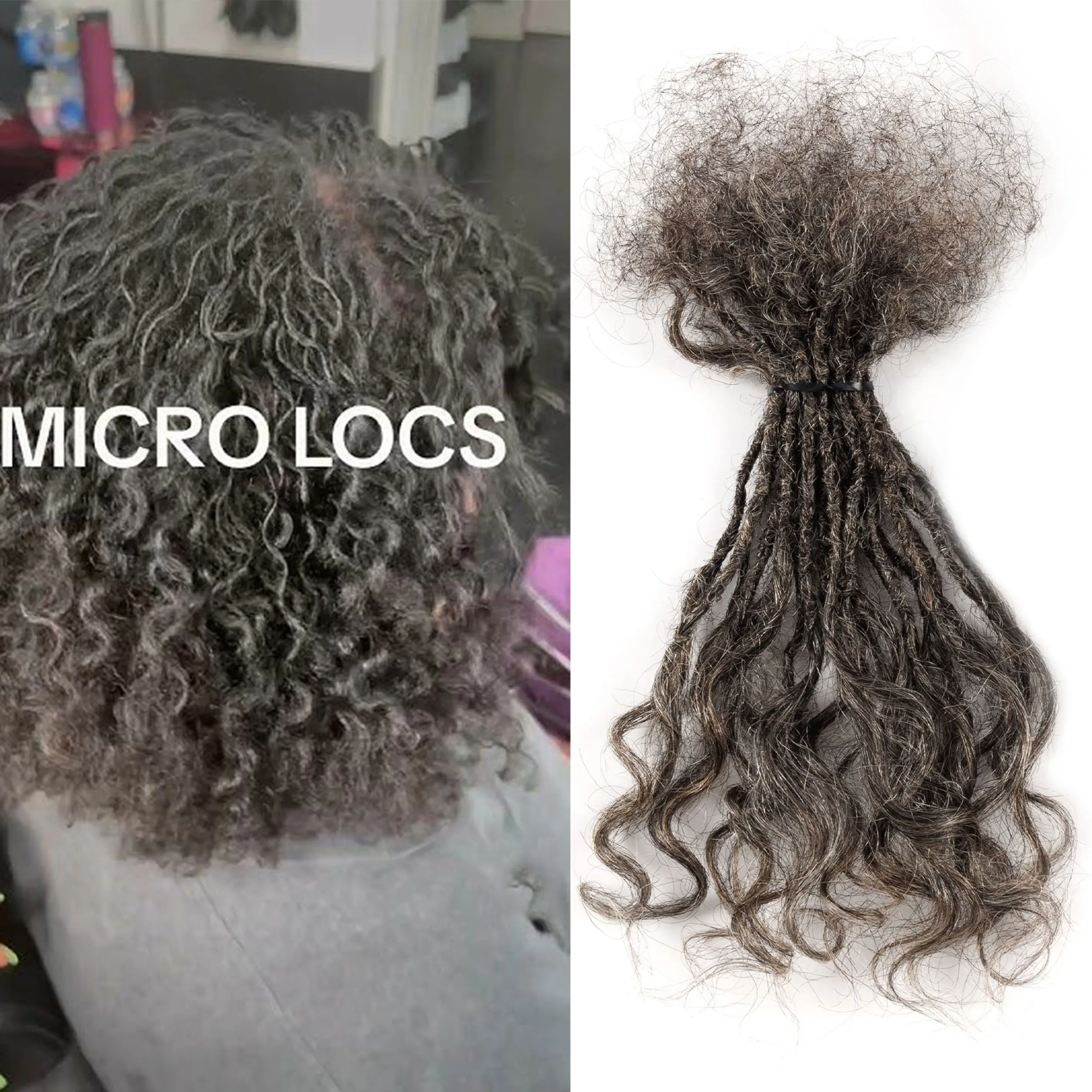 

#Salt&pepper Color Wholesale Price 0.1/0.15/0.2cm Real Human Hair Inter Curly Locs Real Human Hair Micro Dreadlocks