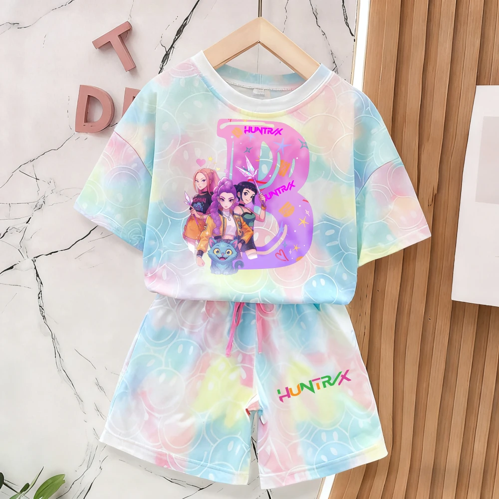 

Kids Kawaii Smile Face KPop Demon Hunters Summer Short Sleeve T-shirt Pants Set Girls New Outfits Tshirt Shorts Clothing