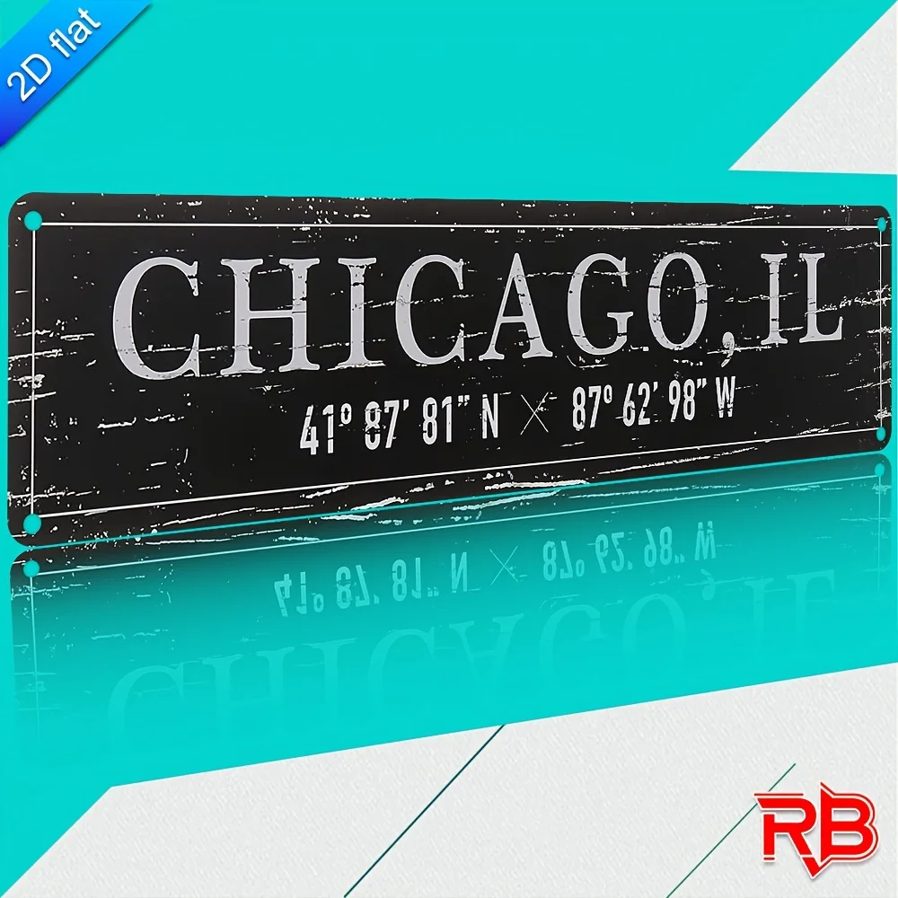 Vintage Chicago IL License Plate Wall Art UV Printed Aluminum Rustic Metal Sign with Coordinates (41° 47' 87° 59') for Home,Cafe