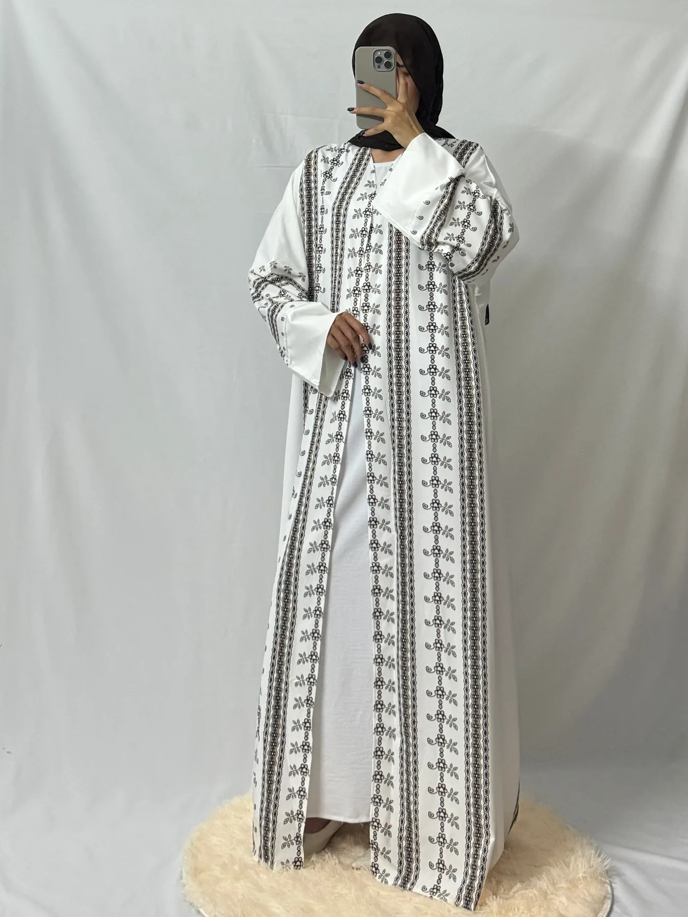 Printed Open Front Abaya Muslim Kaftans Long Sleeve Maxi Ramadan Prayer Dresses Ethnic Islamic Clothing Muslim Jilbabs Abayas