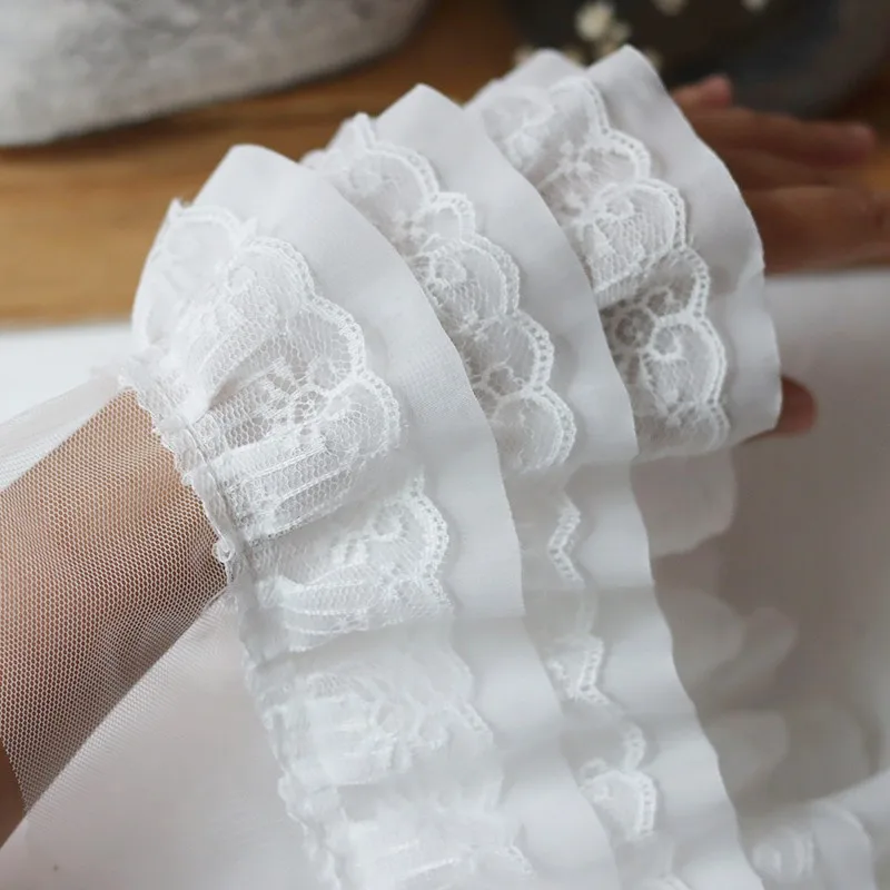 1Yards 12cm Wide Black White Mesh Tulle Lace Three Laminated Wrinkle Lace Trim Applique Ribbon for Sewing Dress Hemline Material