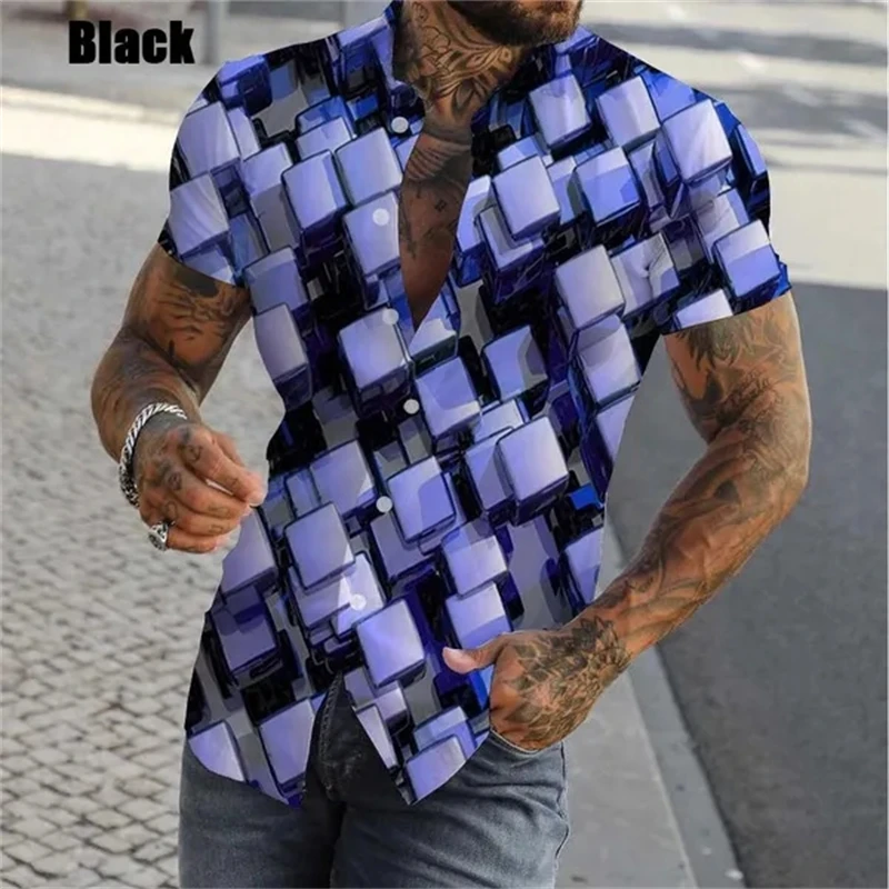 New Personality Men's Casual Fashion Geometric 3D Three-dimensional Pattern Shirt Men Summer Short Sleeve Button Up Shirts Tops