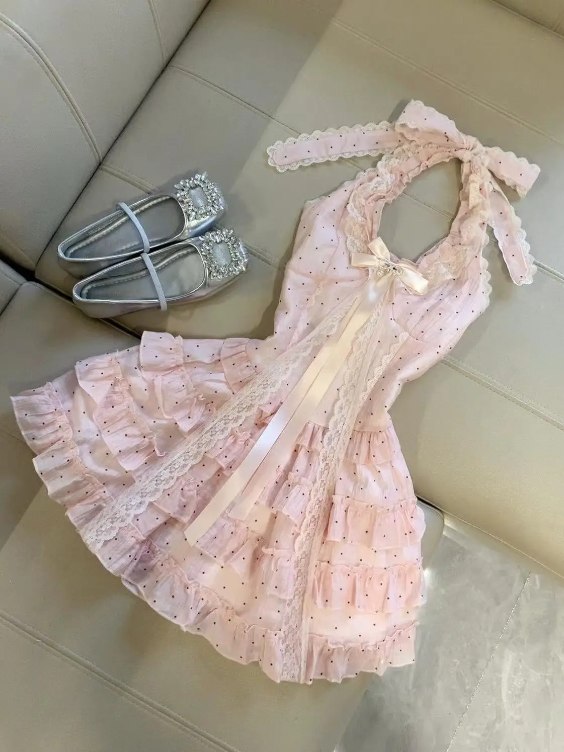 Quente doce magro halter y2k rendas vestidos femininos goth punk bolinhas vestido de baile arco vintage sexy 90s sem costas grunge harajuku coreia