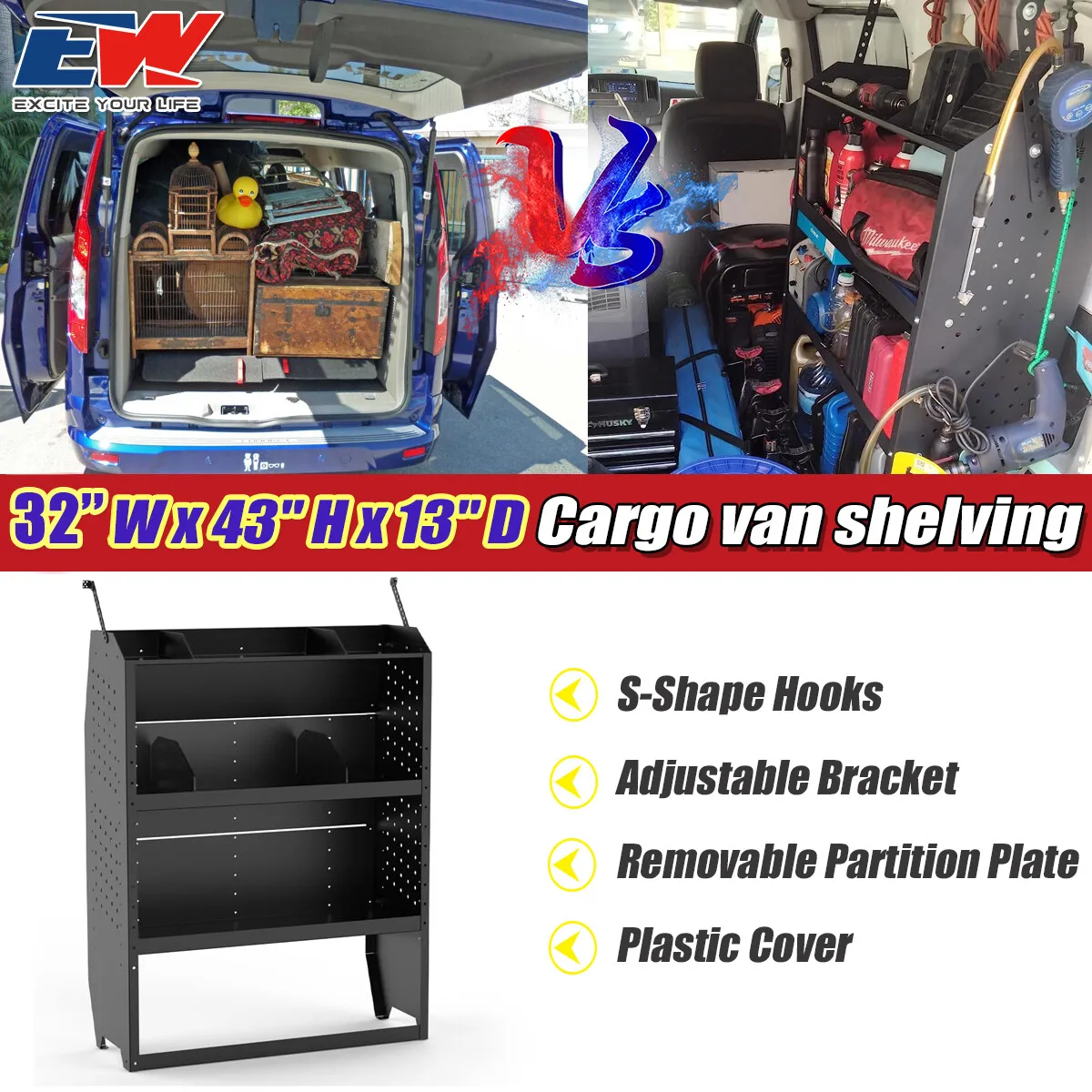 

32-дюймовый стеллаж для фургона для хранения Transit Connect, Chevy City Express, Promaster City